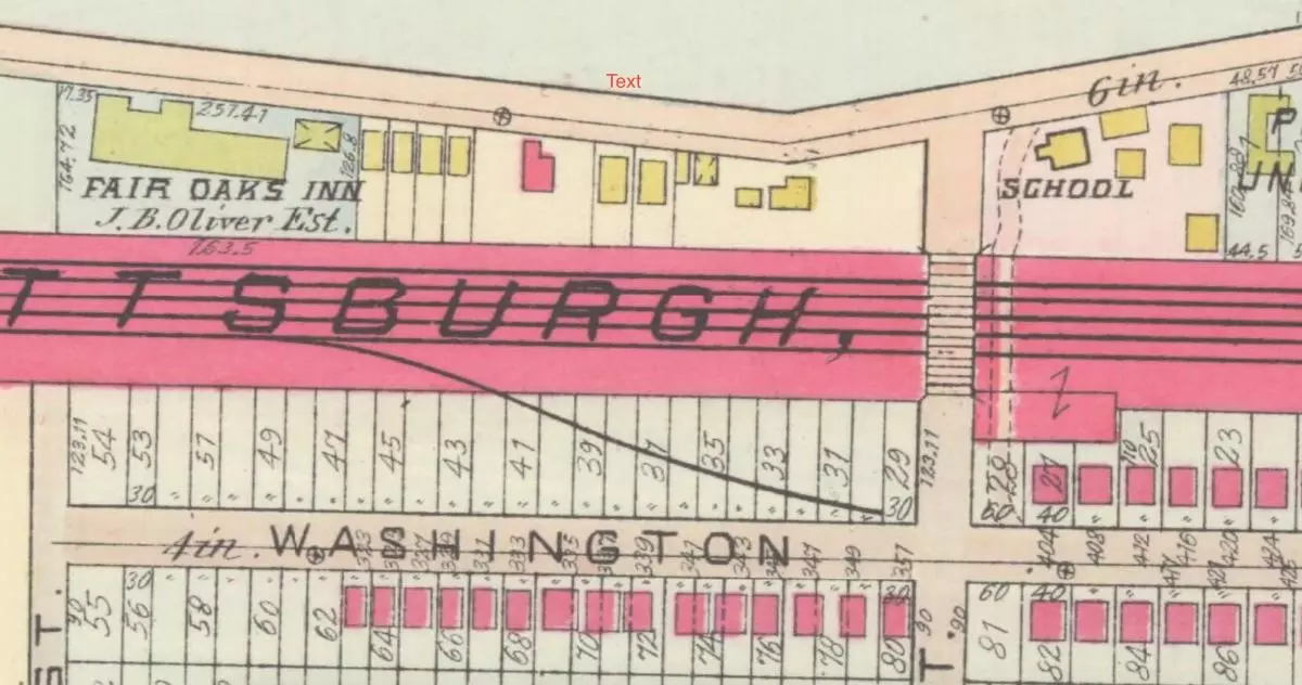 1906 map of Leetsdale showing locations of the Fair Oaks Inn, Oliver Bridge, and a one-room schoolhouse
